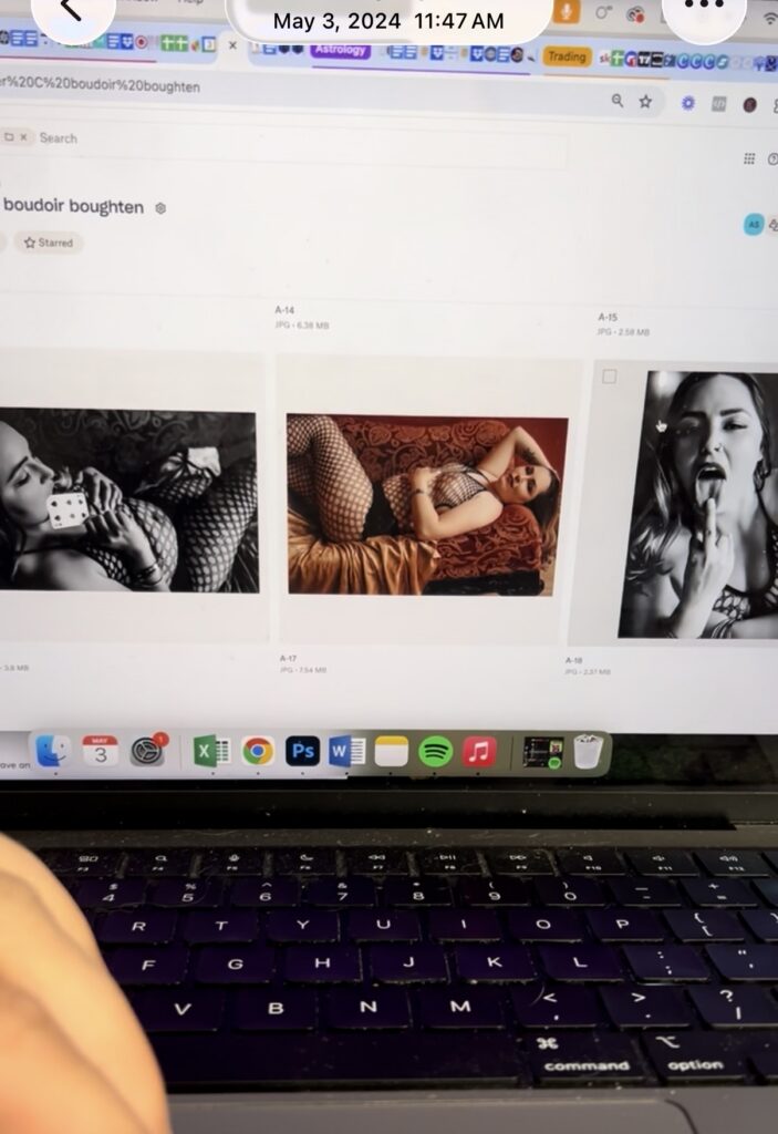multiple images  of a woman doing a boudoir session on a computer screen 