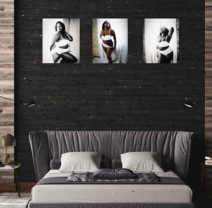 three image wall art of a woman in white lingerie above a bed